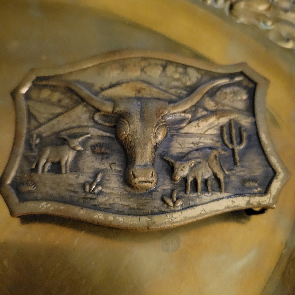 Longhorn Steer Cattle Southwest Ranch Cowboy Leavens LynTone Antique Belt Buckle